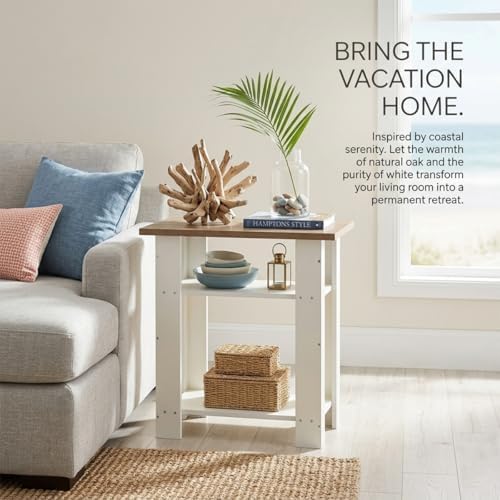 White Side Table with Oak Top, 3 Tier Farmhouse End Table, 22.8" H