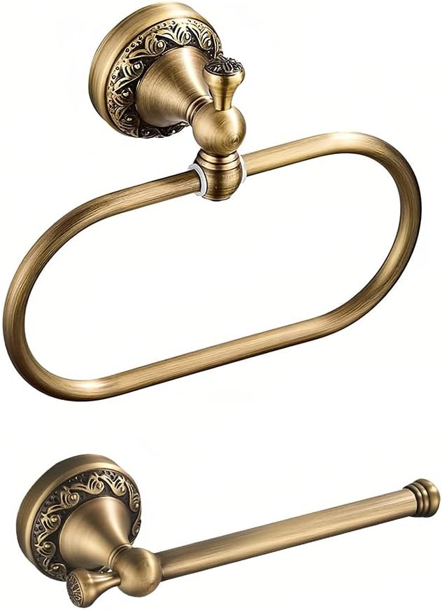 2-Piece Set Antique Brass Toilet Paper Holder, Brass Towel Ring Oval, Hand To...