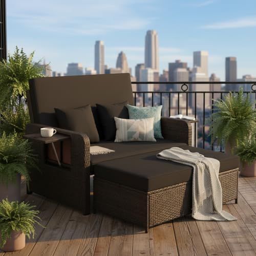 Tangkula 2-Person Patio Rattan Daybed with 4-Level Adjustable Backrest