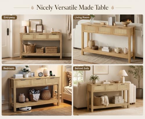Luoxiao Rattan Console Table 3-Drawer 47" Narrow Wood Entryway Sofa Table