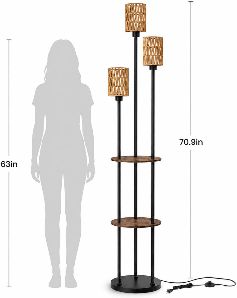 KIZON 71" Floor Lamp with Shelves and Rattan Shades, 3-Tier Standing Light