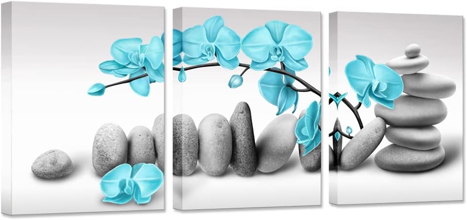 Biuteawal 3 Panel Zen Wall Art Blue Orchid Flower with SPA Stone Pictures Can...