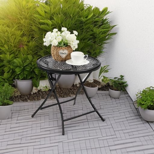 TeoKJ Folding Small Outdoor Side Table, No Assembly Patio Metal Desk, Black