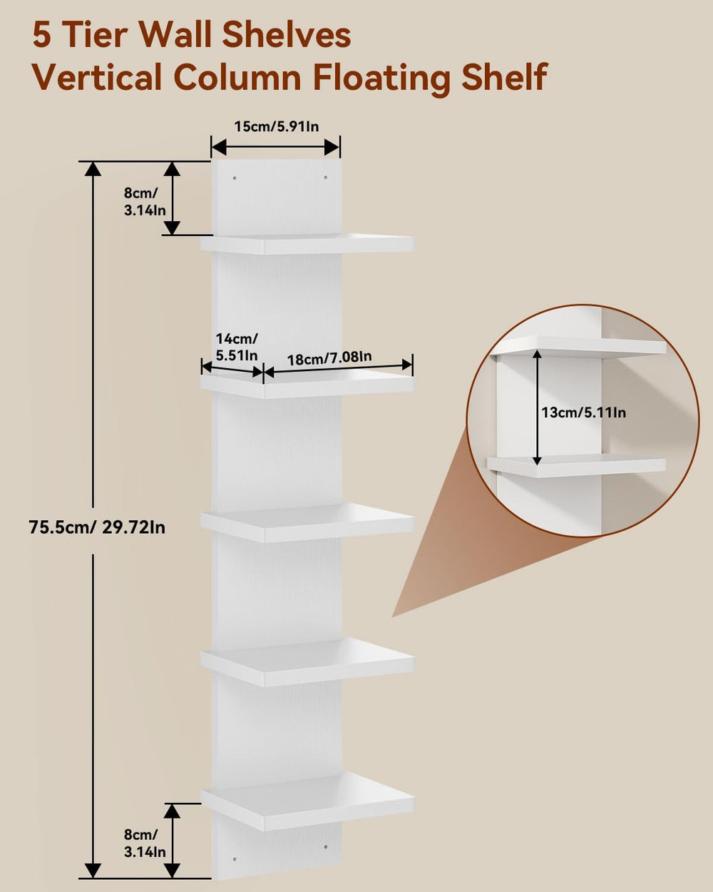 IBUYKE 5 Tier Wall Shelf Unit,Floating Storage Shelf White WBC009W-2