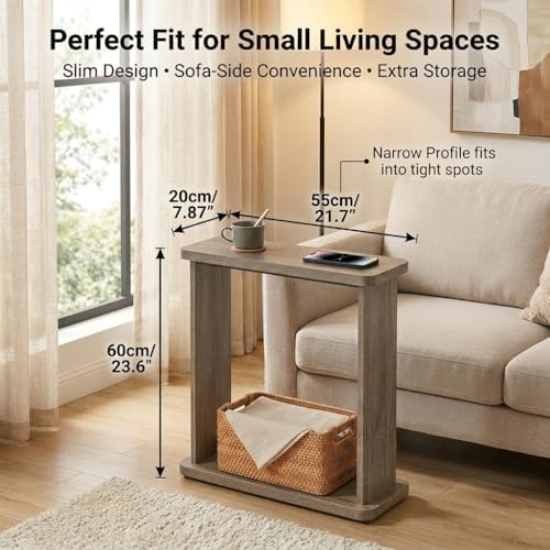 Narrow Side Table, 7.9" Slim End Table, Oak
