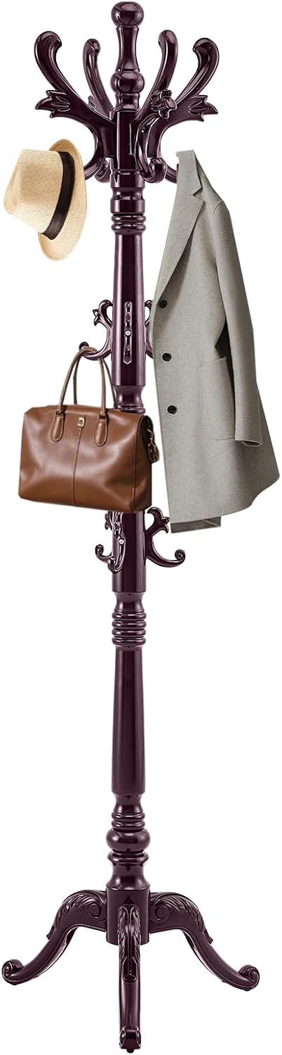 EZIVIEZ Coat Rack Vintage Solid Wood Coat Rack Freestanding with 14 Hooks