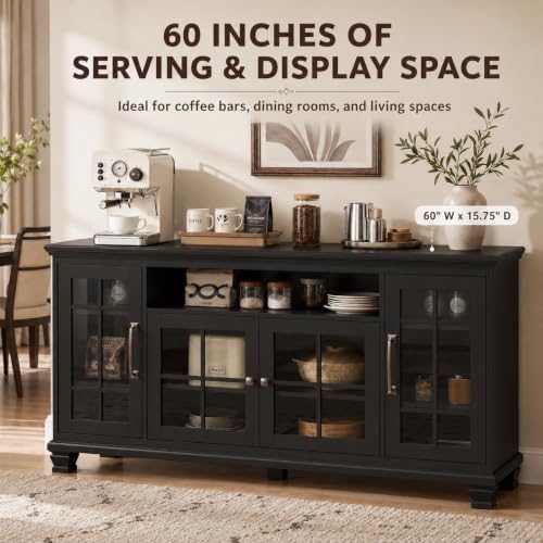 SAVOR LIFE 60-Inch Sideboard Buffet with Glass Doors,Black