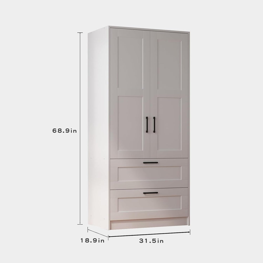 Fenghua Lizhi Wood White Wardrobe Closet with 2 Doors and 2 Drawers,Bedroom F...