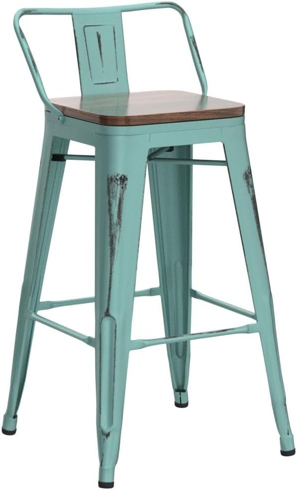 Andeworld Bar Stools Set of 4, 24" Distressed Barstools, Green Blue