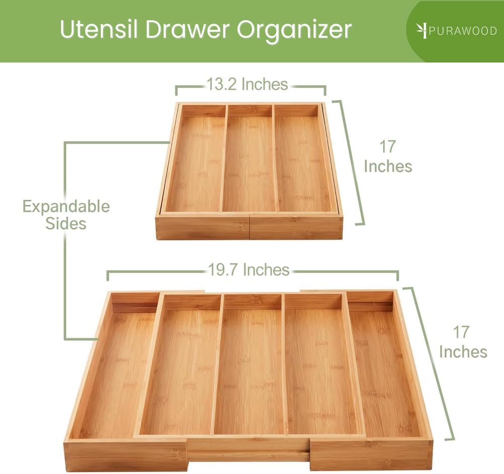 Purawood Expandable Kitchen Drawer Organizer 3-5 Slots, Natural