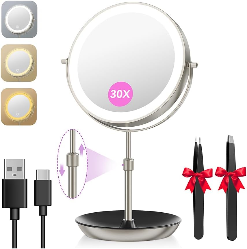 Auxmir 9" 1X/30X Lighted Makeup Mirror, Rechargeable Maginfying Mirror