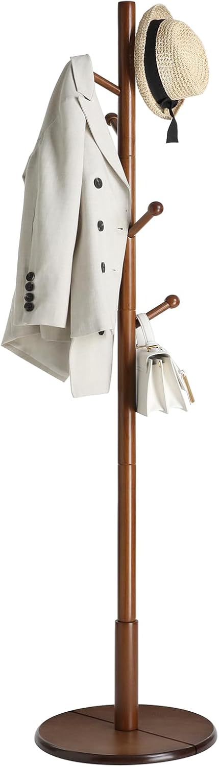 VASAGLE Solid Wood Coat Rack, Free Standing, 8 Hooks, 3 Height Options