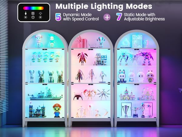 HNEBC Arched Glass Display Cabinet with RGB Dimmable LED Lights, White