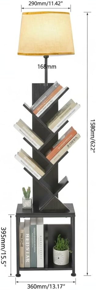 62" Tall Tree bookshelf cabinet, Oval Lamp Fabric Lightshade (Black)