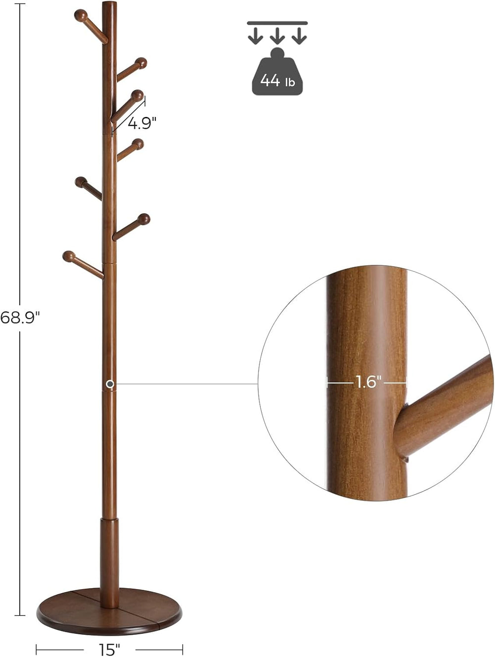VASAGLE Solid Wood Coat Rack, Free Standing, 8 Hooks, 3 Height Options
