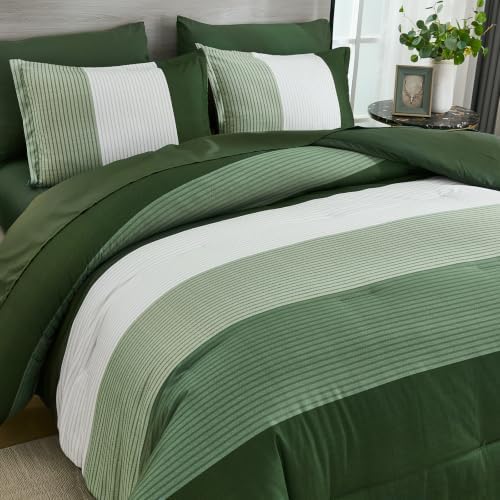 Queen Comforter Set Olive Green, 7 Pieces Boho Striped Bed in a Bag