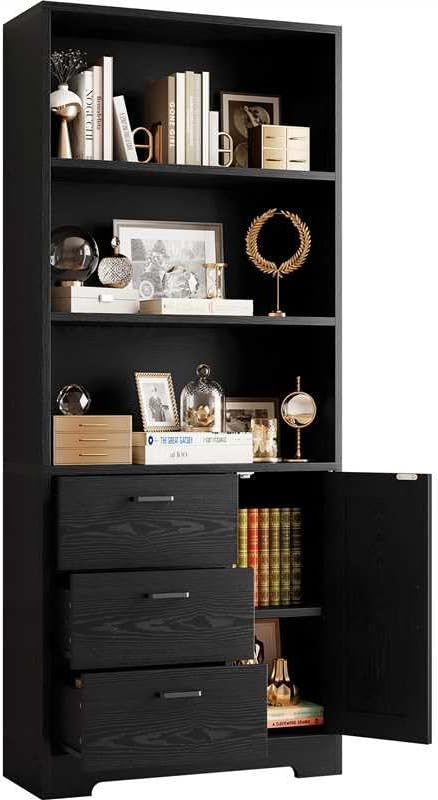 IRONCK 71 in Bookshelf with Doors and Drawers, Industrial Tall Bookcase