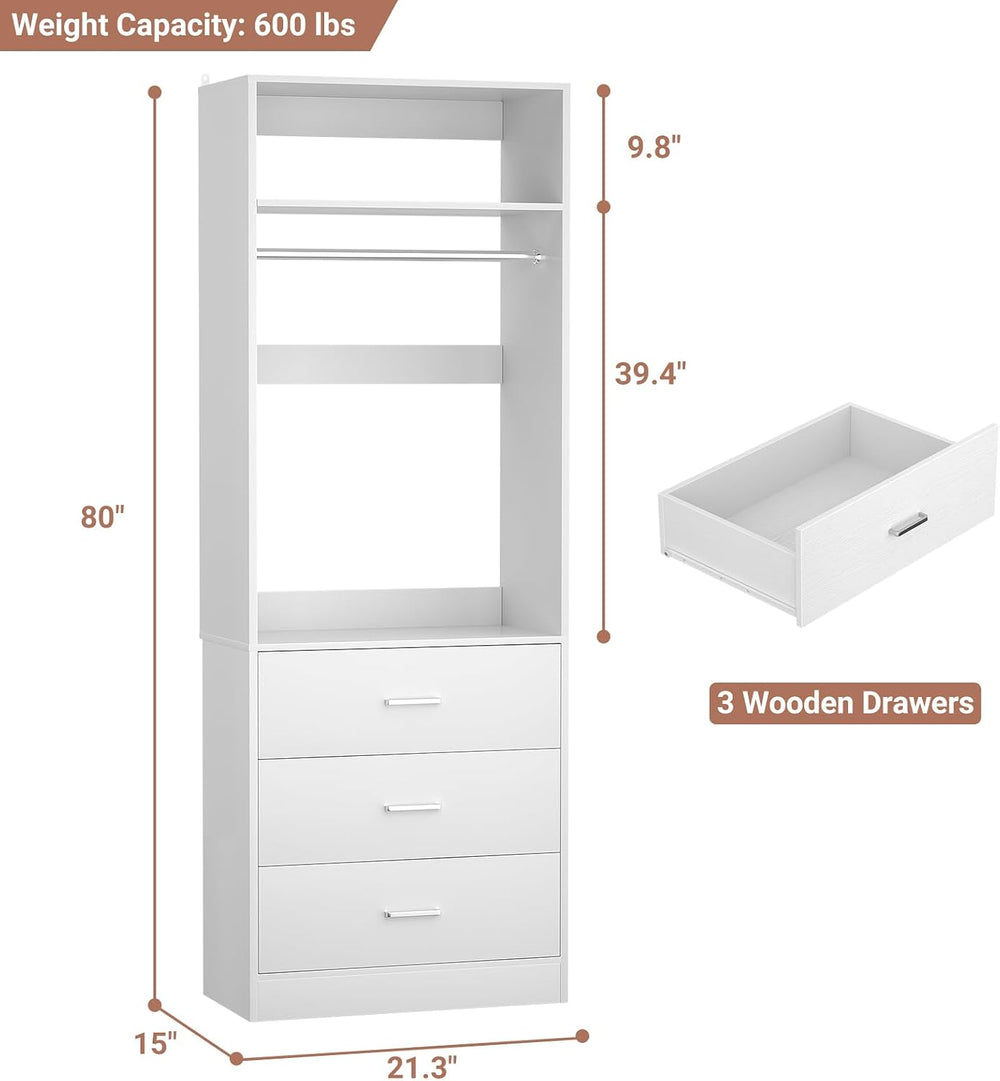 Besiost Freestanding Closet System with 3 Drawers, Wood Closet Organizer
