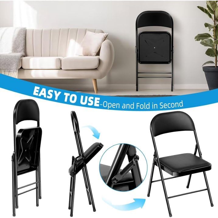 6 Pack Padded Folding Chairs, PU Leather Seat, 350 lb, Black