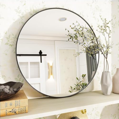 VooBang Black Round Bathroom Mirror 30", Thin Metal Frame Wall Mirror