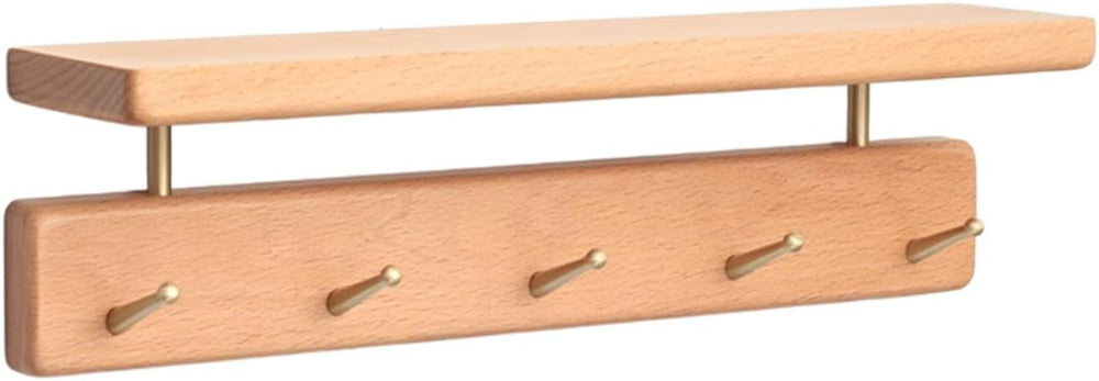 Beech Wood Coat Rack with Shelf, Wall Mounted Rack with 5 Hooks
