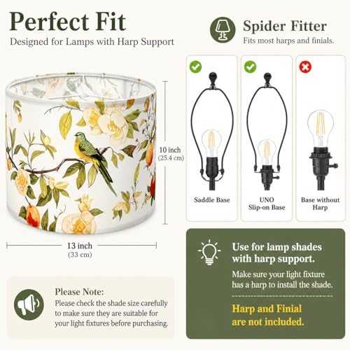 Drum Lamp Shade, Floral Bird, 13 x 13 x 10 Inch