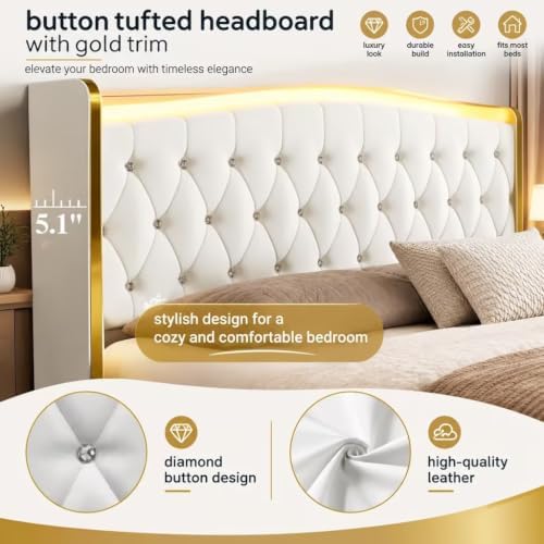 Queen Size Bed Frame, Headboard, 4 Storage Drawers, LED Lights, White