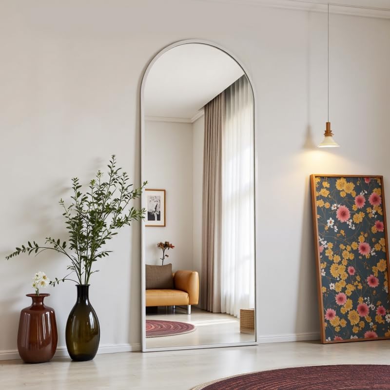 OGCAU Floor Full Length Mirror, 56"x20" Arched Full Body Mirror, White