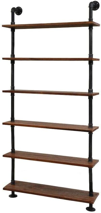 Industrial Pipe Bookshelf, 6 Layer Rustic Modern Wood Ladder Shelf with Metal...