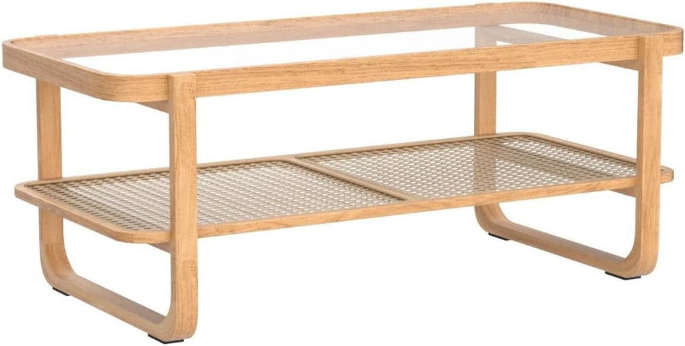 Rattan Coffee Table with Tempered Glass Top,Wood Coffee Table for Living Room...