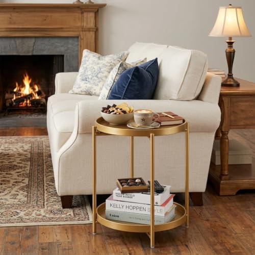 danpinera 2 Tier End Table, Metal Round Side Table with Removable Tray