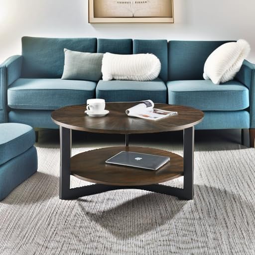 Round Coffee Table with Storage Shelf, Farmhouse Living Room Cocktail Black M...