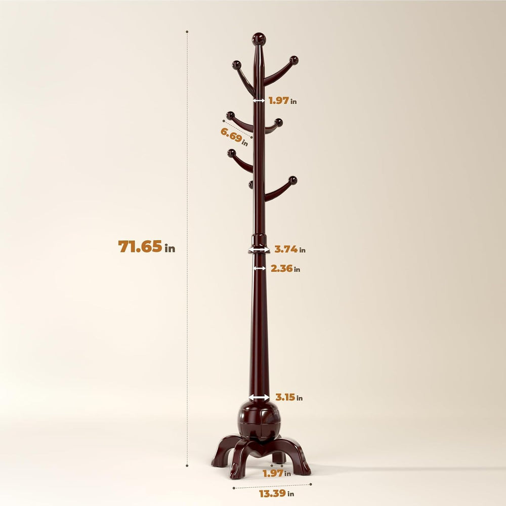 Coat Rack Freestanding with 8 Hooks, Wooden Coat Tree, Black Red