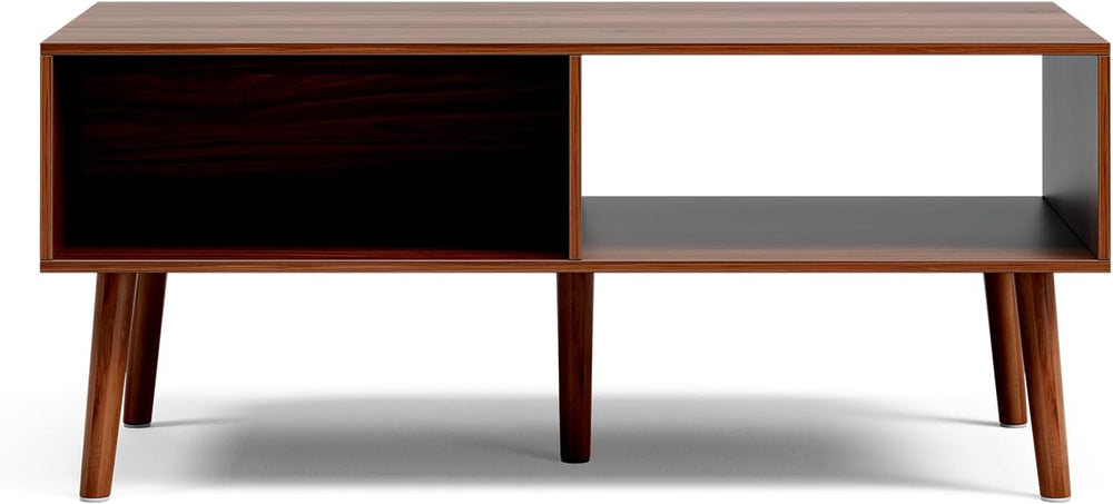 LCRBOL Coffee Table with Fluted Drawer, Mid-Century, Walnut