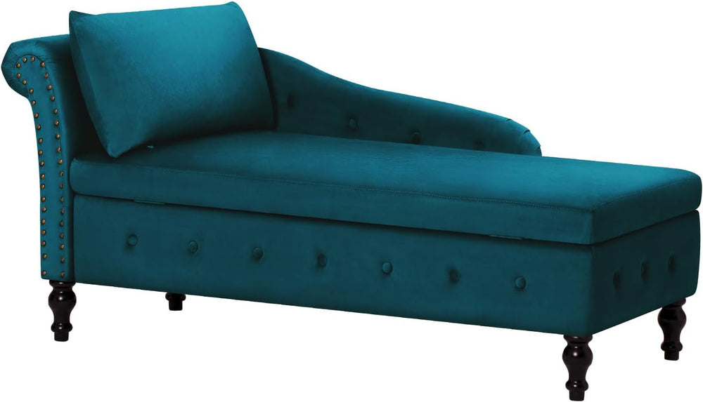 Velvet Chaise Lounge w/Left Armrest & Storage Space, Teal