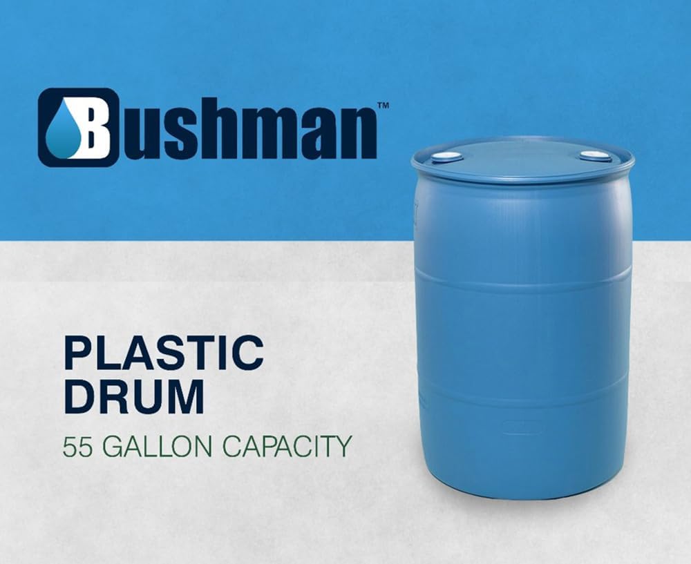 Bushman 55 Gallon Plastic Drum, Stackable Industrial Storage Barrel, Blue