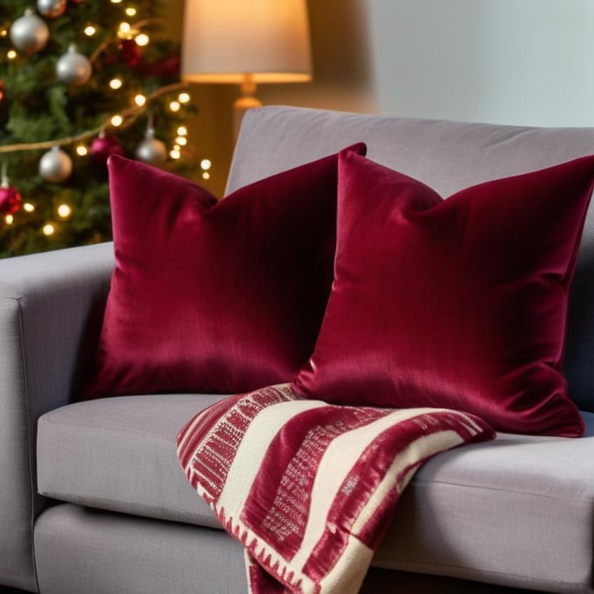 FEVERQIYI 24x24 Velvet Pillow Covers Set of 2 Christmas Red Decorative Square...