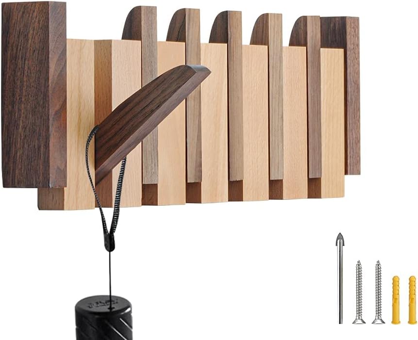 Coat Rack Wall Mount Wood, 6 Flip-Down Magnetic Hooks
