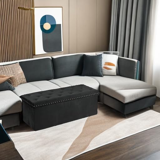 PINPLUS Folding Storage Ottoman Bench, Black Velvet