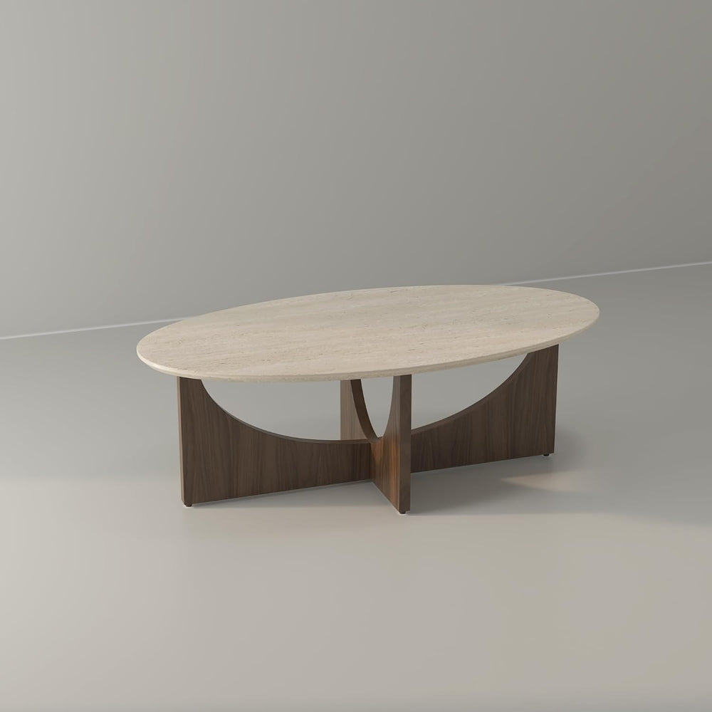 Honyee Oval Coffee Table 47 Inch, Travertine-Look Living Room Center Table