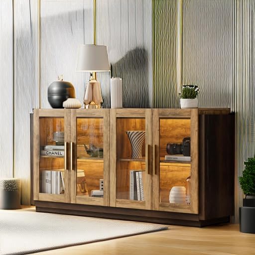 AMERLIFE Modern Sideboard Buffet Cabinet with Storage & Glass Doors, Brown