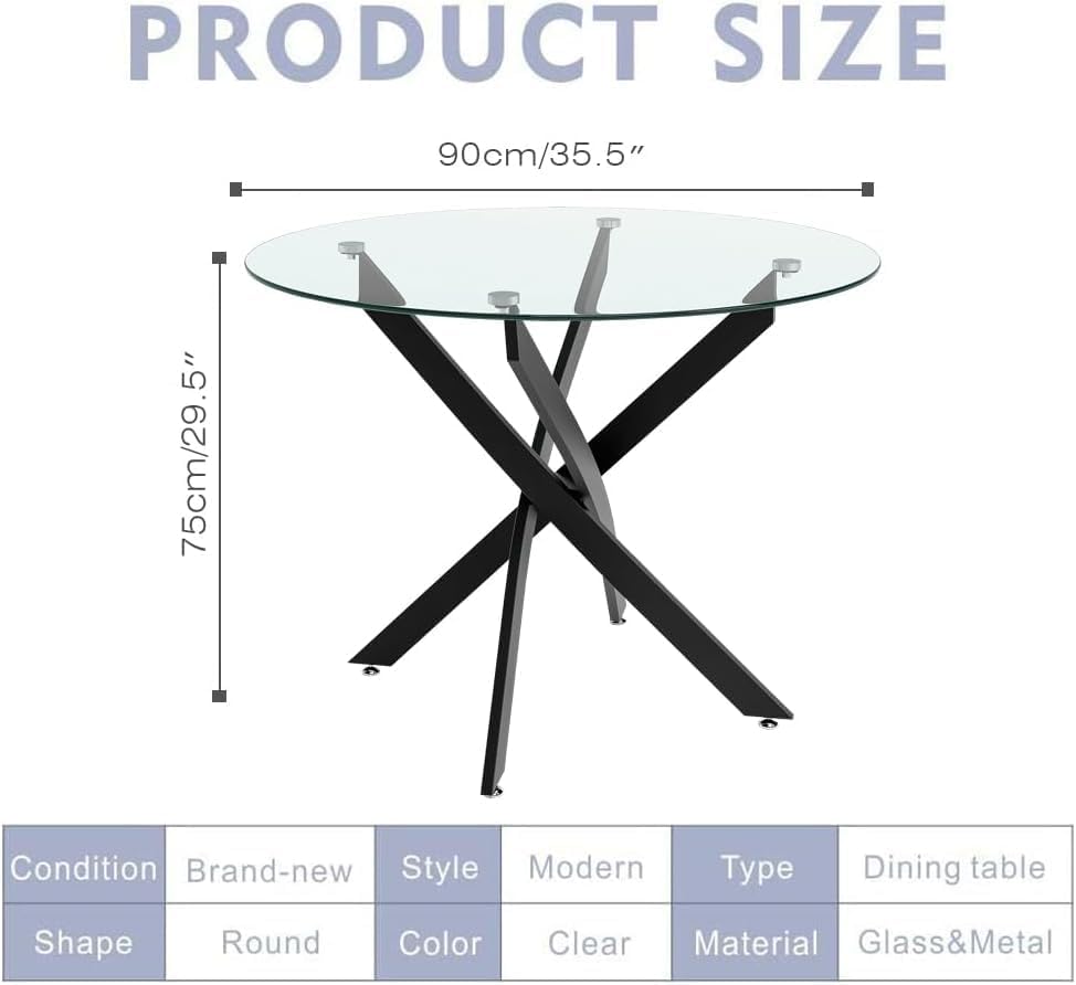 Round Tempered Glass Dining Table Set with Black Metal Legs
