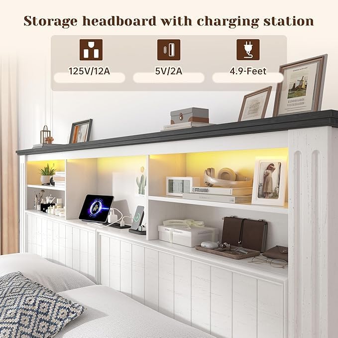 EnHomee King Size Bed Frame and Headboard & 4 Storage Drawers,White