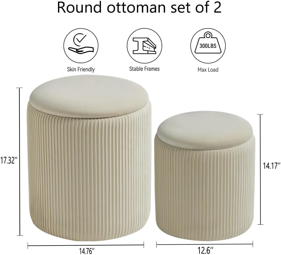 BLEXA Round Ottoman with Storage Set of 2-White Velvet Vanity Stool