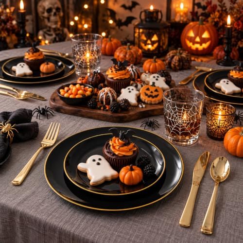 KIRE 100PCS Black and Gold Plates - Black Plastic Plates Disposable with Gold...