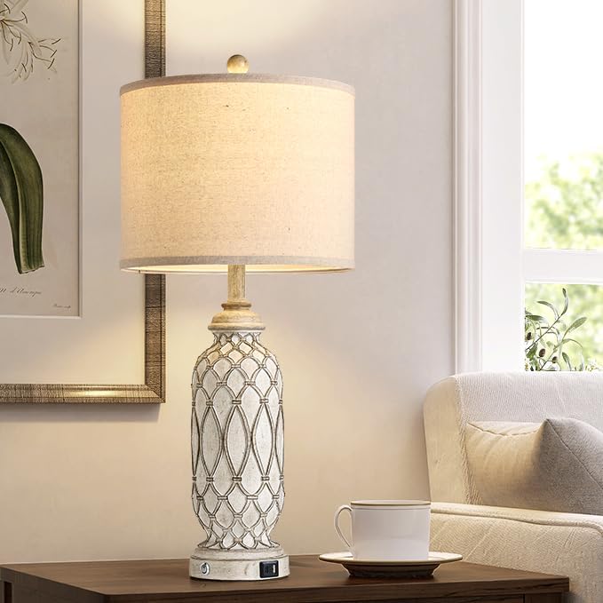 Farmhouse Table Lamps for Bedroom Set of 2, 28" Rustic Bedside Lamp with...