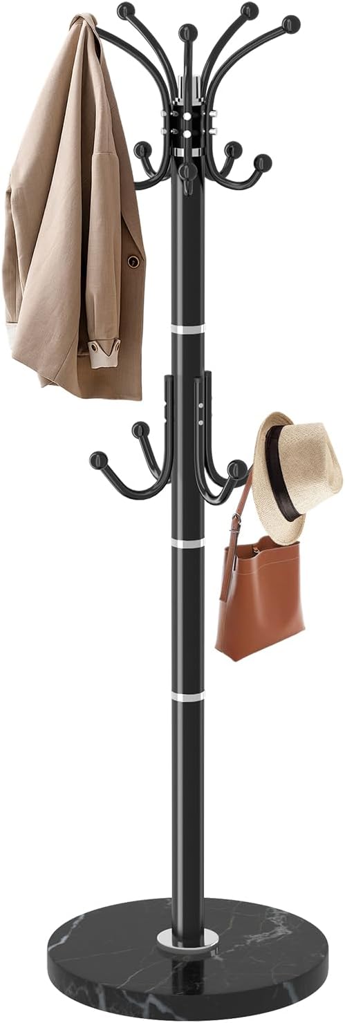 Metal Coat Rack Freestanding with 360°Rotary 14 Hooks Marble Base