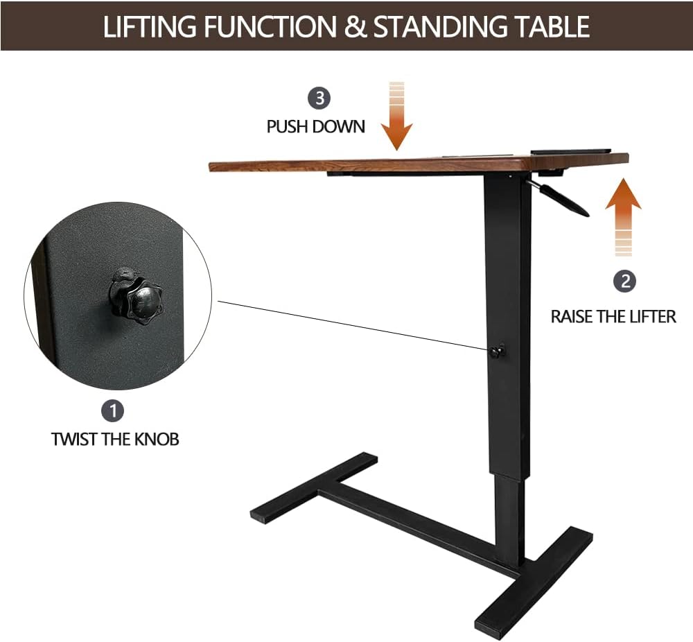 Over Bed Table Pneumatic Adjustable Height Stand Desk with Hidden Wheels USB ...