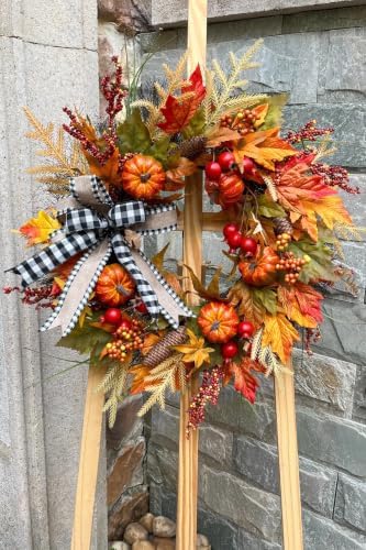 24" Fall Maple Leaf Wreath for Front Door with Buffalo Check Bow - Rusti...