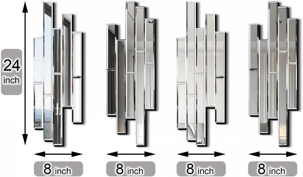 Artisan Set of 4 Silver Beveled Wall Decor Mirrors - 24x8 Inch Each, Creative...